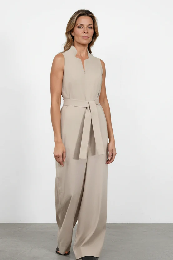 WIDE LEG SLEEVELESS JUMPSUIT IN LINEN-COTTON STRETCH
