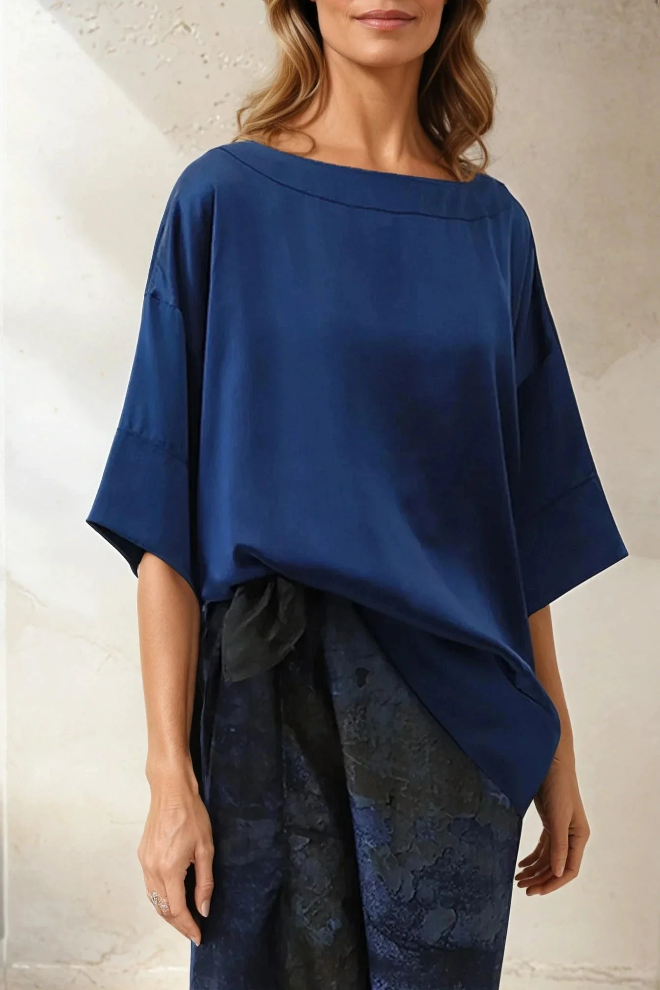 SHELLA SHORT SLEEVE BLOUSE IN PRUSSIAN BLUE SILK CHARMEUSE